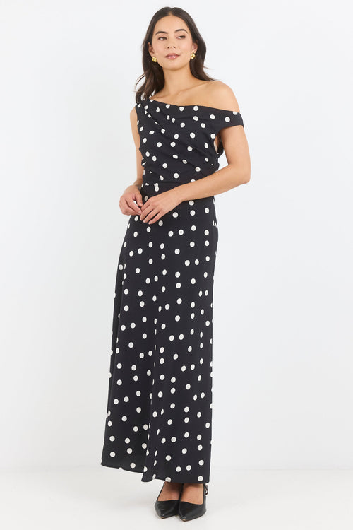 Stories to be Told Spotlight Black Polka Dot Off Shoulder Flare Midi Dress, detail