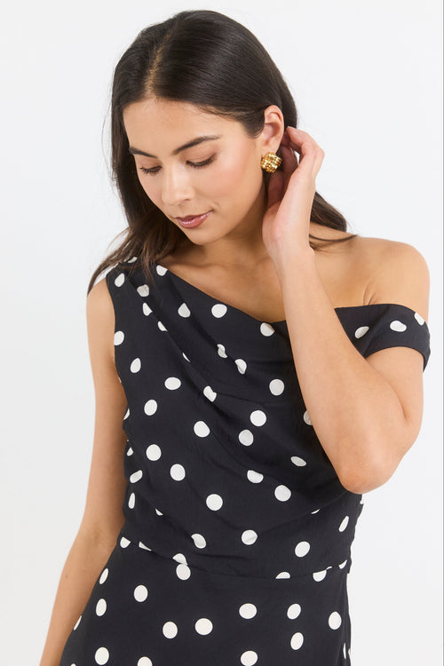 Stories to be Told Spotlight Black Polka Dot Off Shoulder Flare Midi Dress, detail