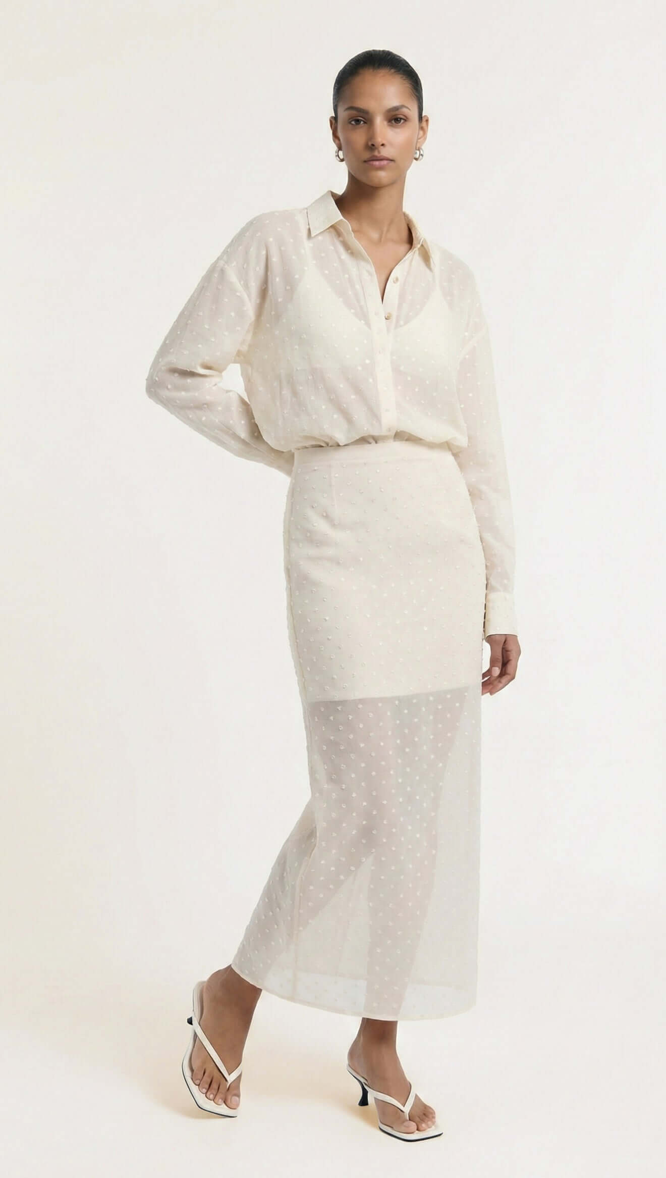 Etoile Oversized Shirt with sheer skirt and heels