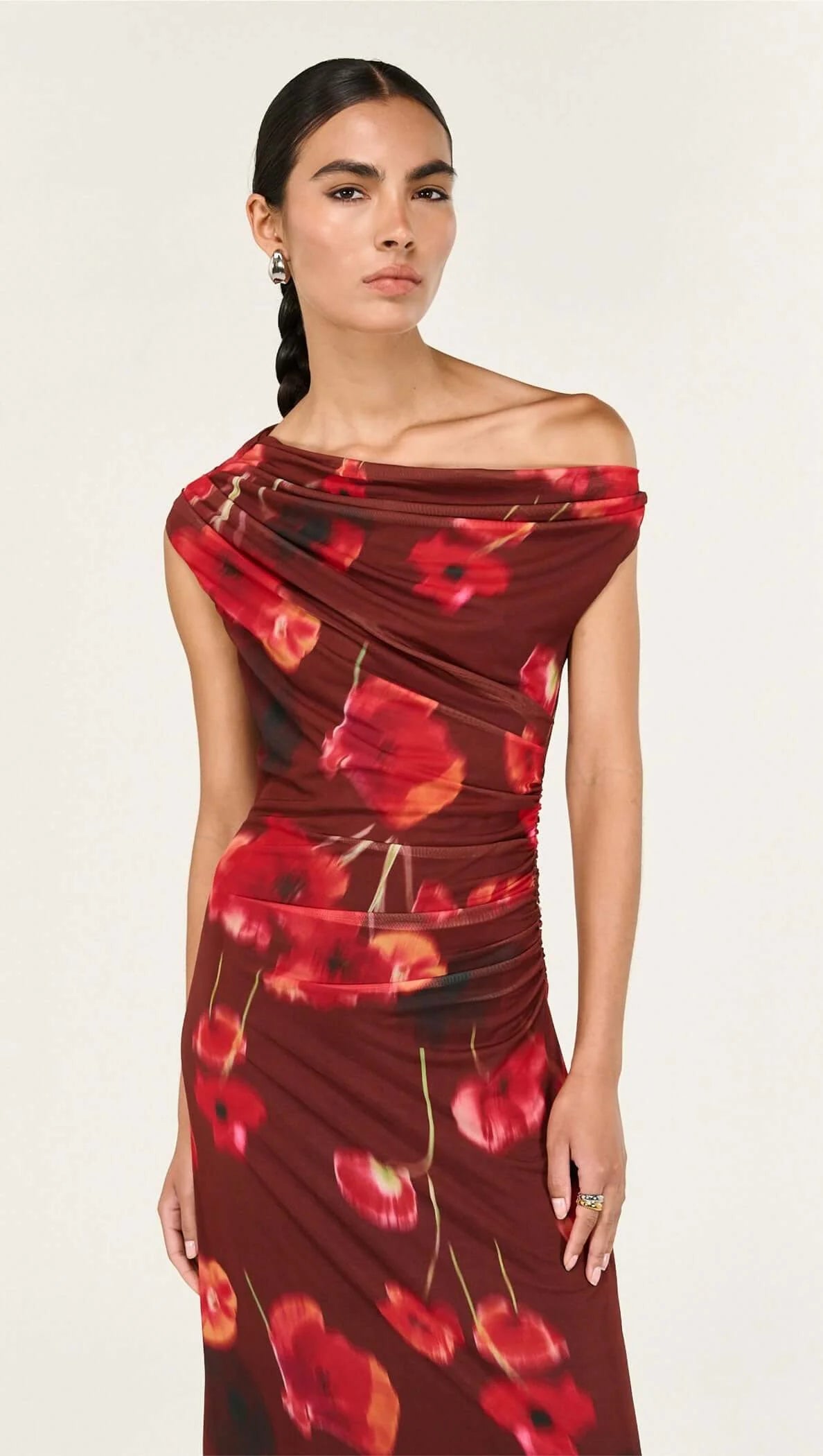 Red Poppy Print Off Shoulder Mesh Midi Dress - Chocolate Floral