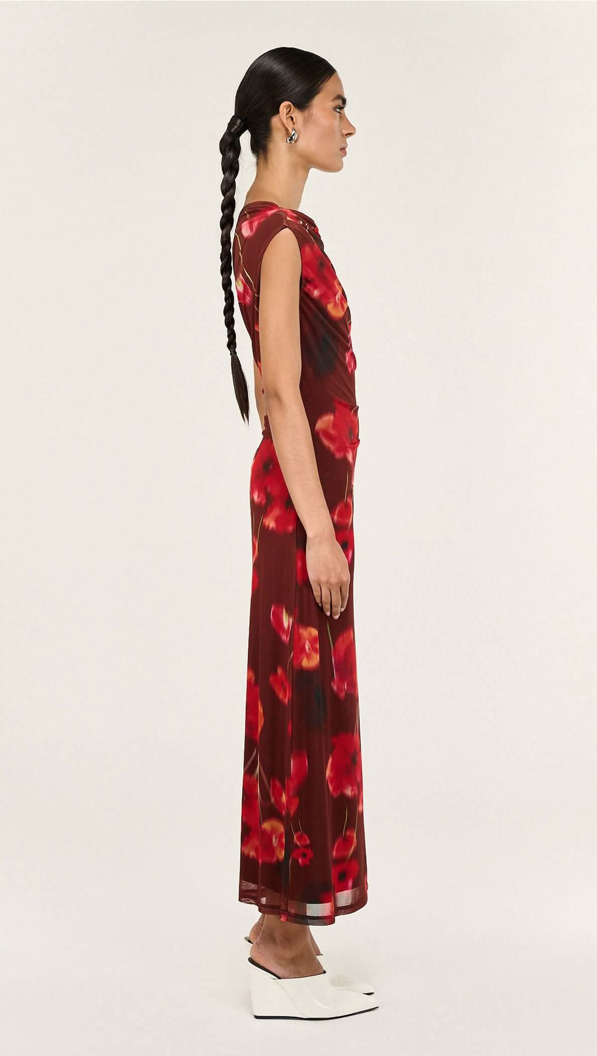 Red Poppy Print Off Shoulder Mesh Midi Dress - Chocolate Floral
