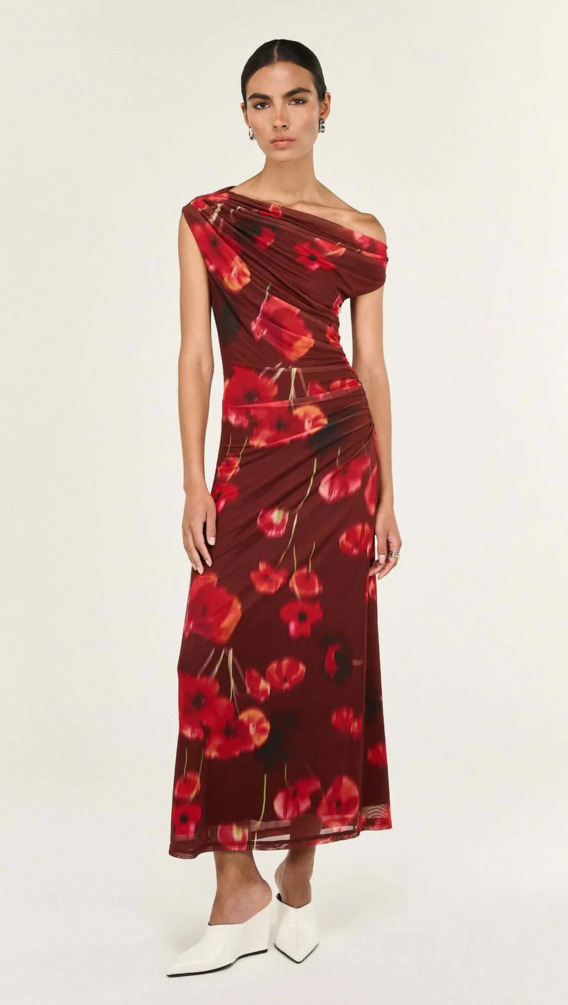 Red Poppy Print Off Shoulder Mesh Midi Dress - Chocolate Floral