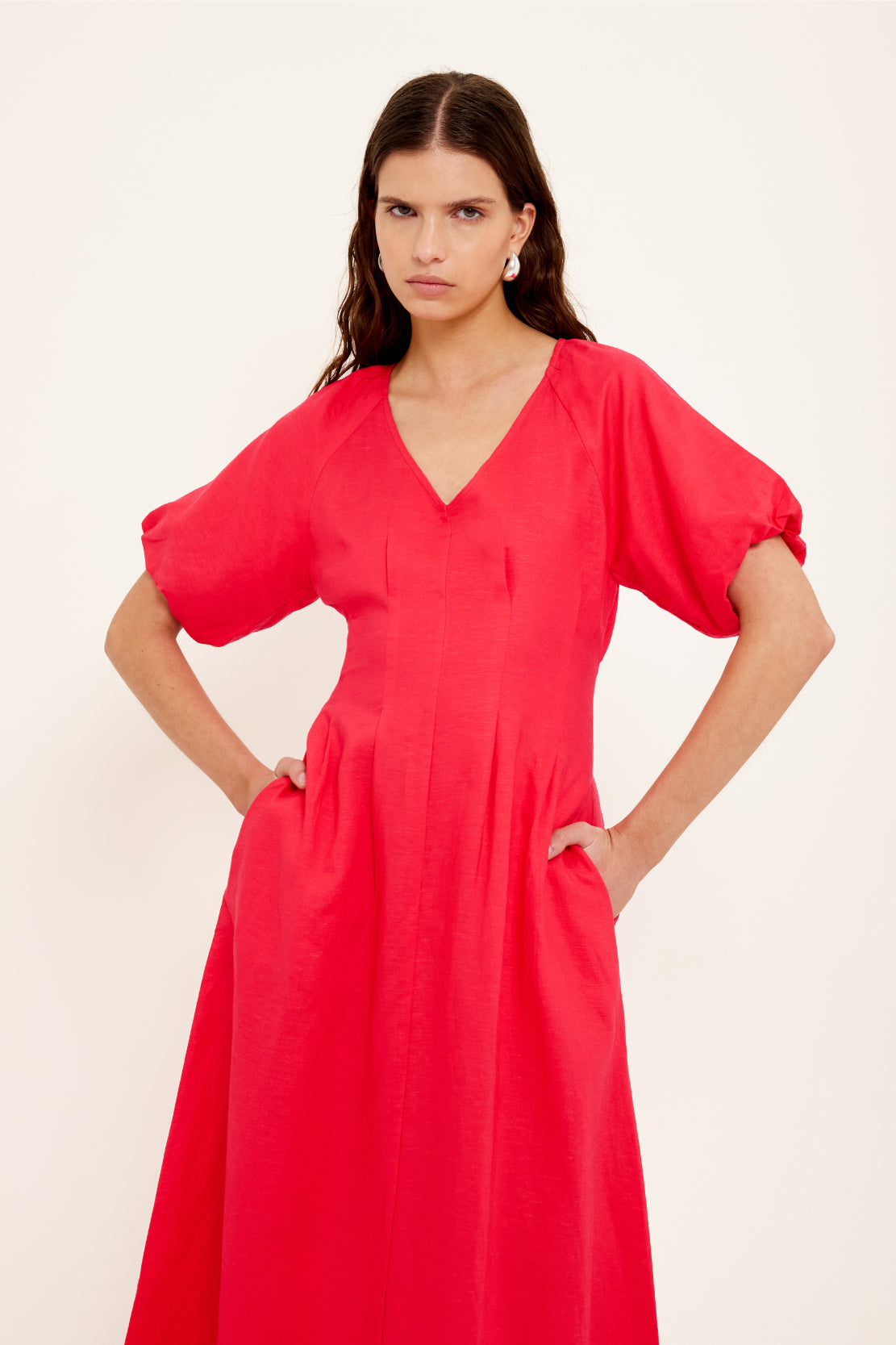 Valentina V Neck Midi Dress -Red