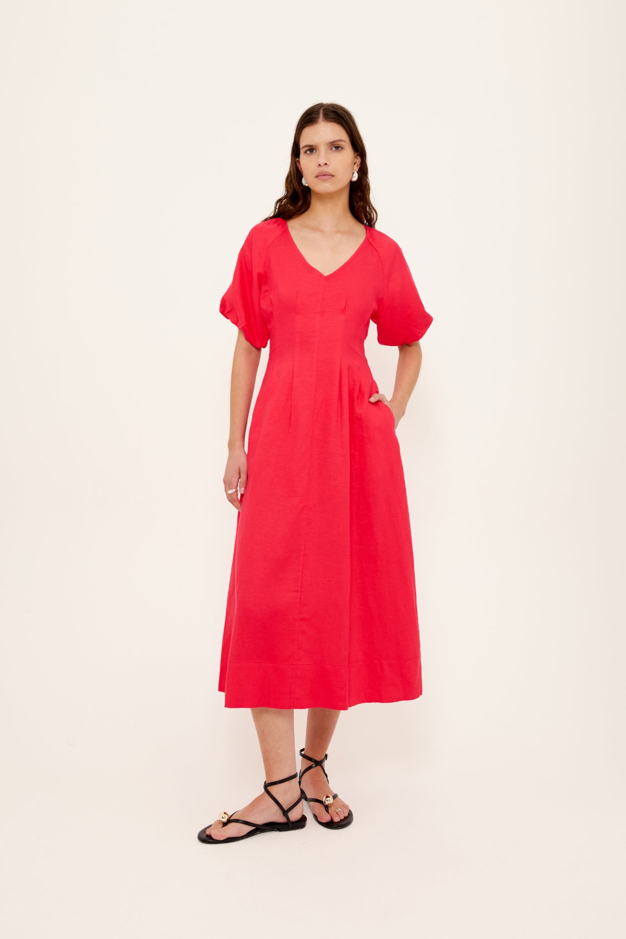 Valentina V Neck Midi Dress -Red