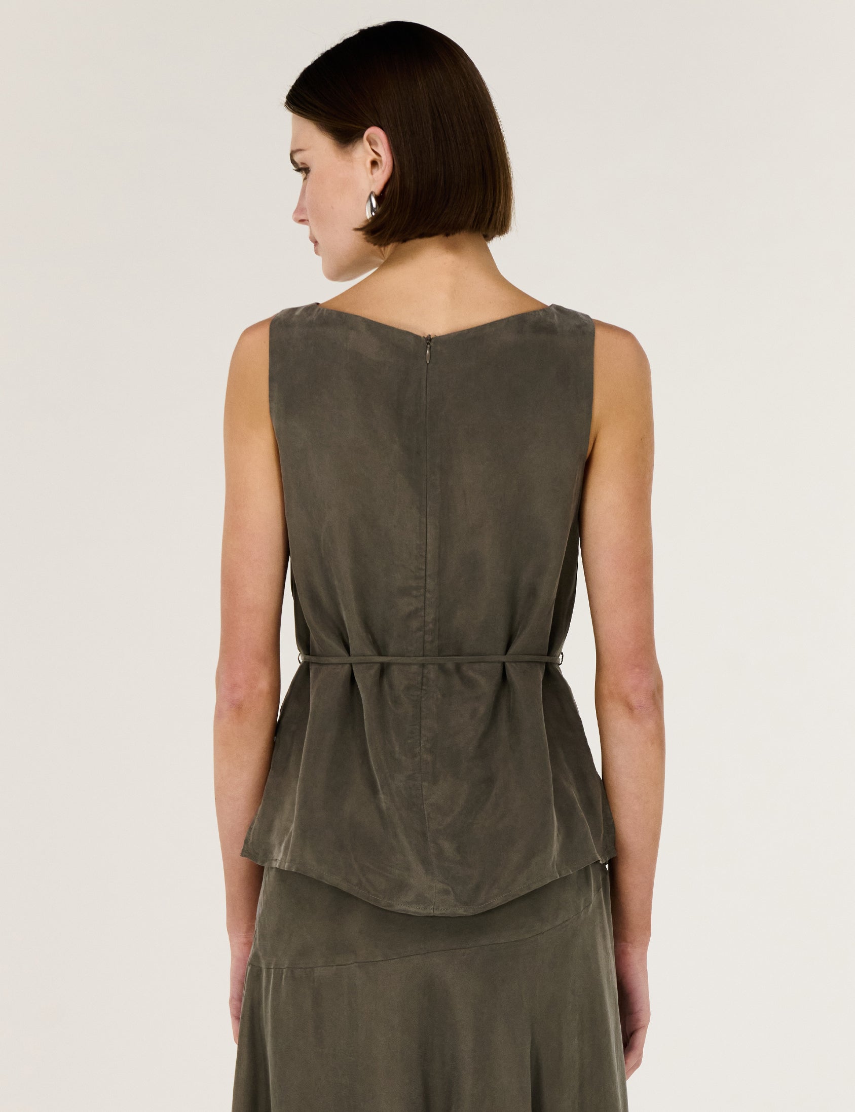 Cupro Waist Tie Tank - Olive