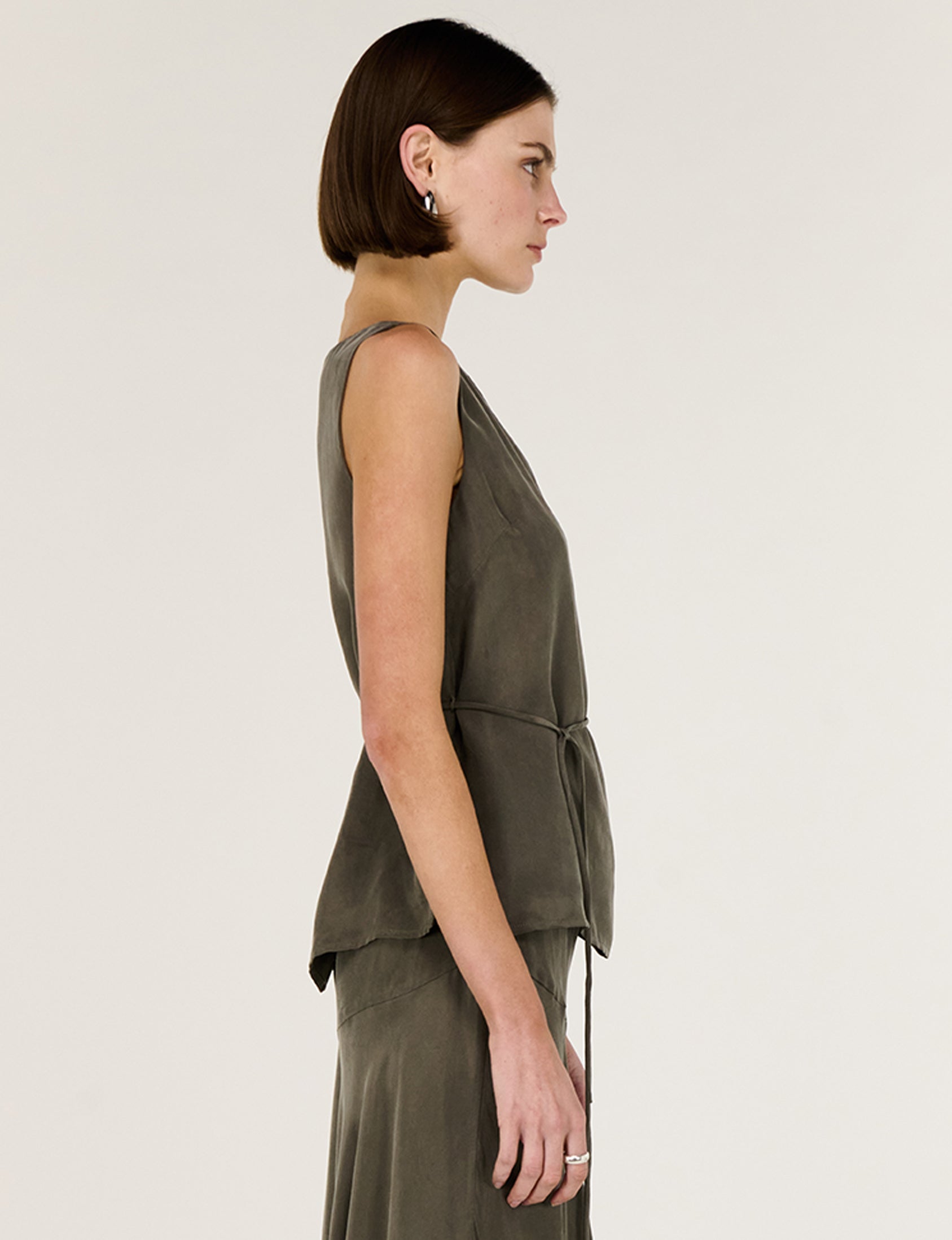 Cupro Waist Tie Tank - Olive