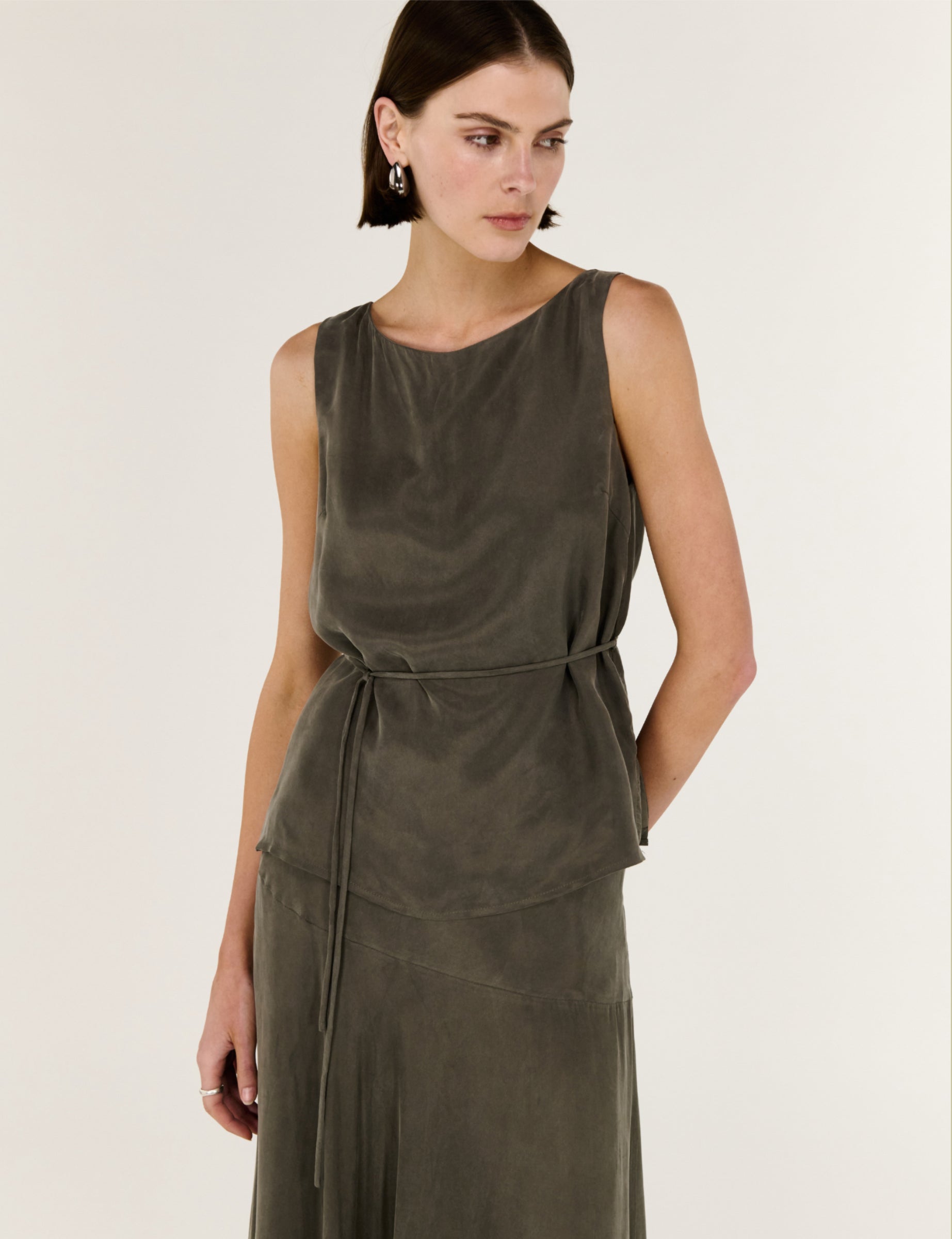 Cupro Waist Tie Tank - Olive