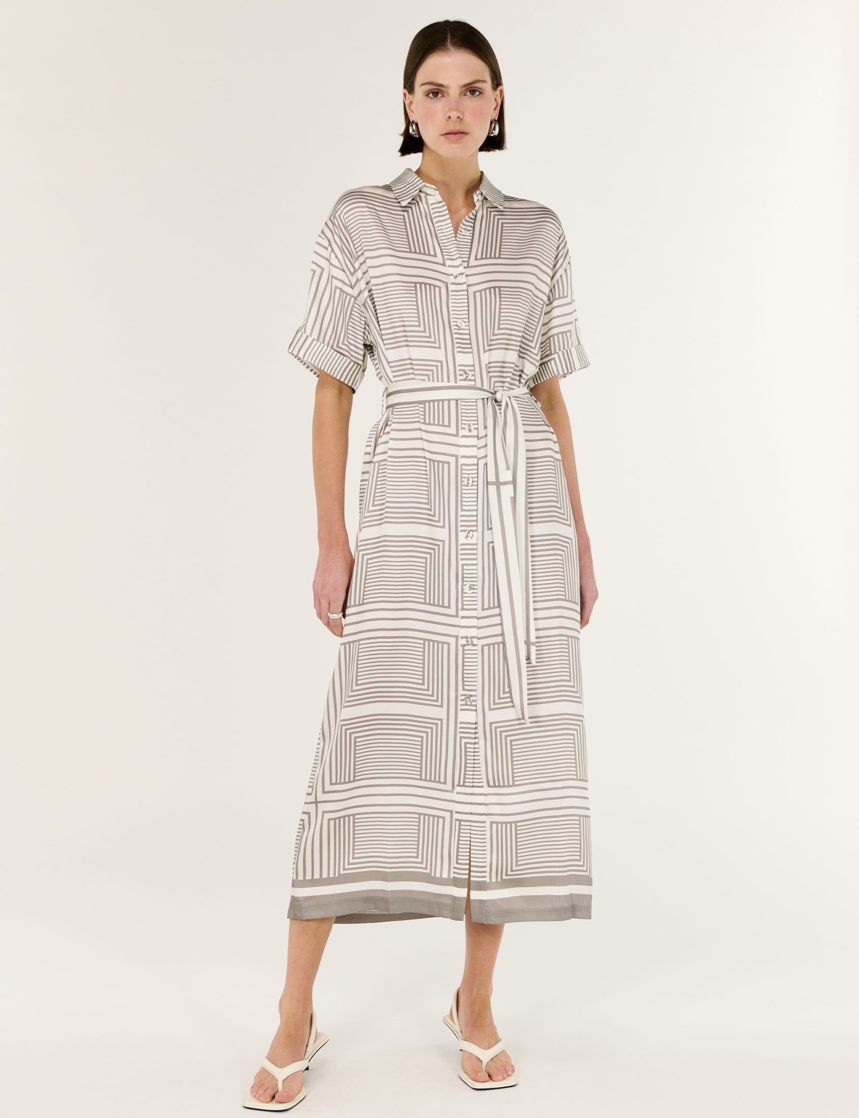 Geometric Print Button Front Midi Shirt Dress