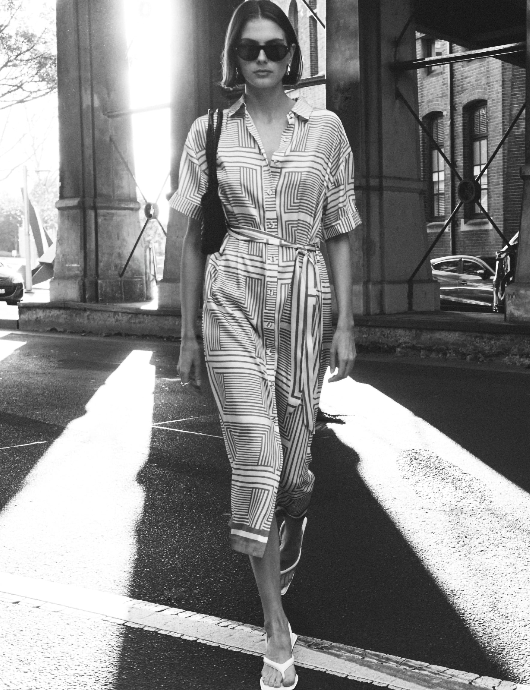 Geometric Print Button Front Midi Shirt Dress