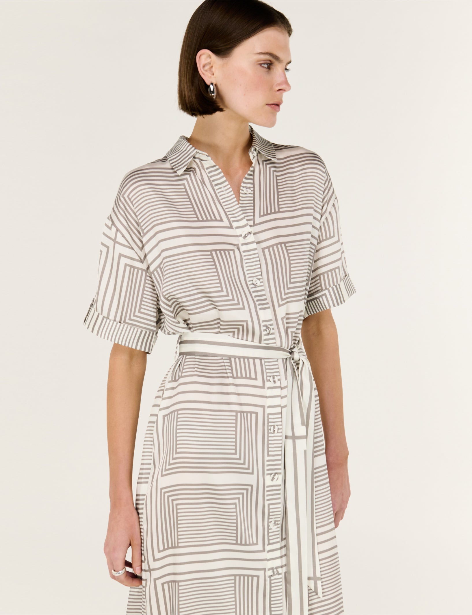 Geometric Print Button Front Midi Shirt Dress