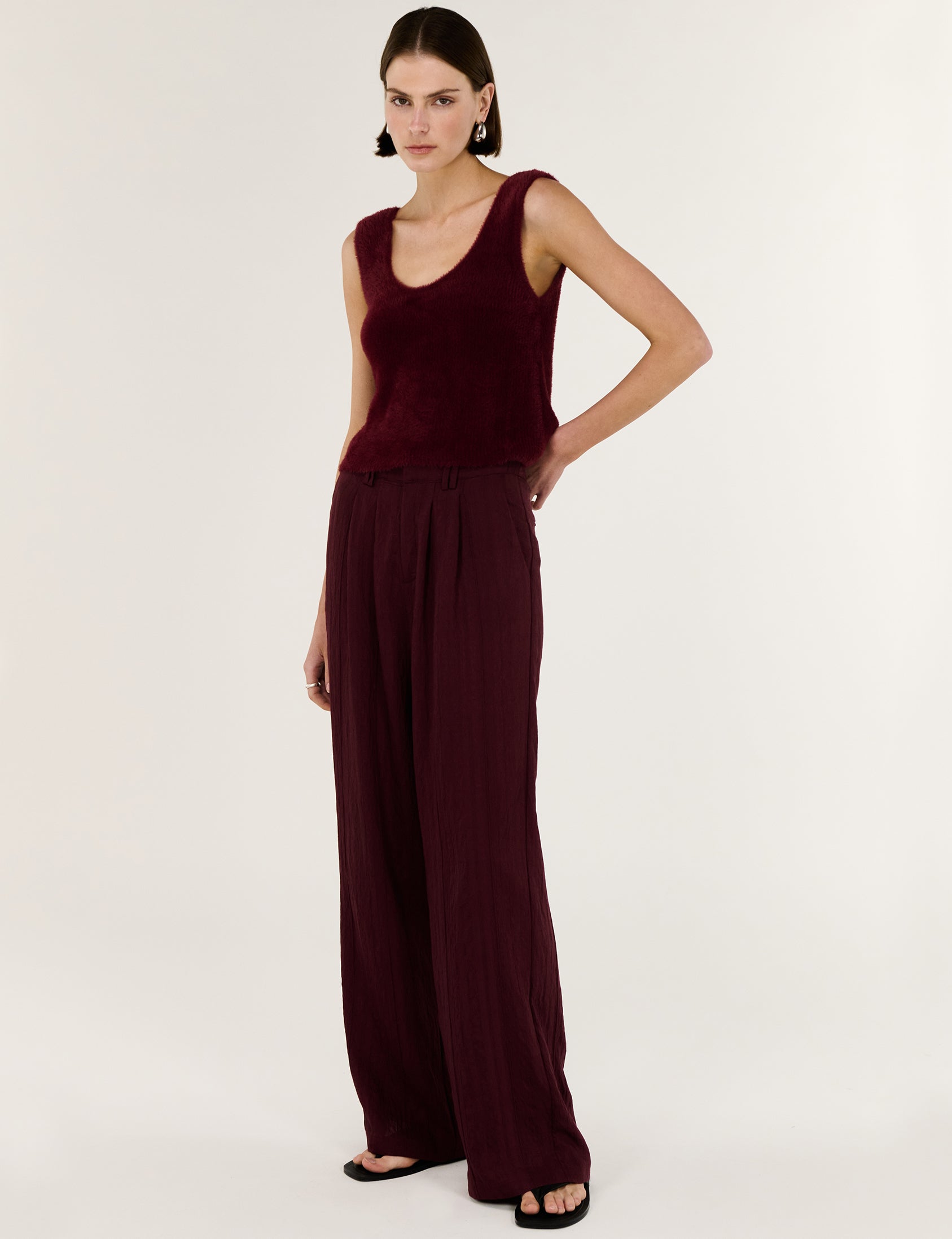 Deep Red Textured Wide-Leg Pant