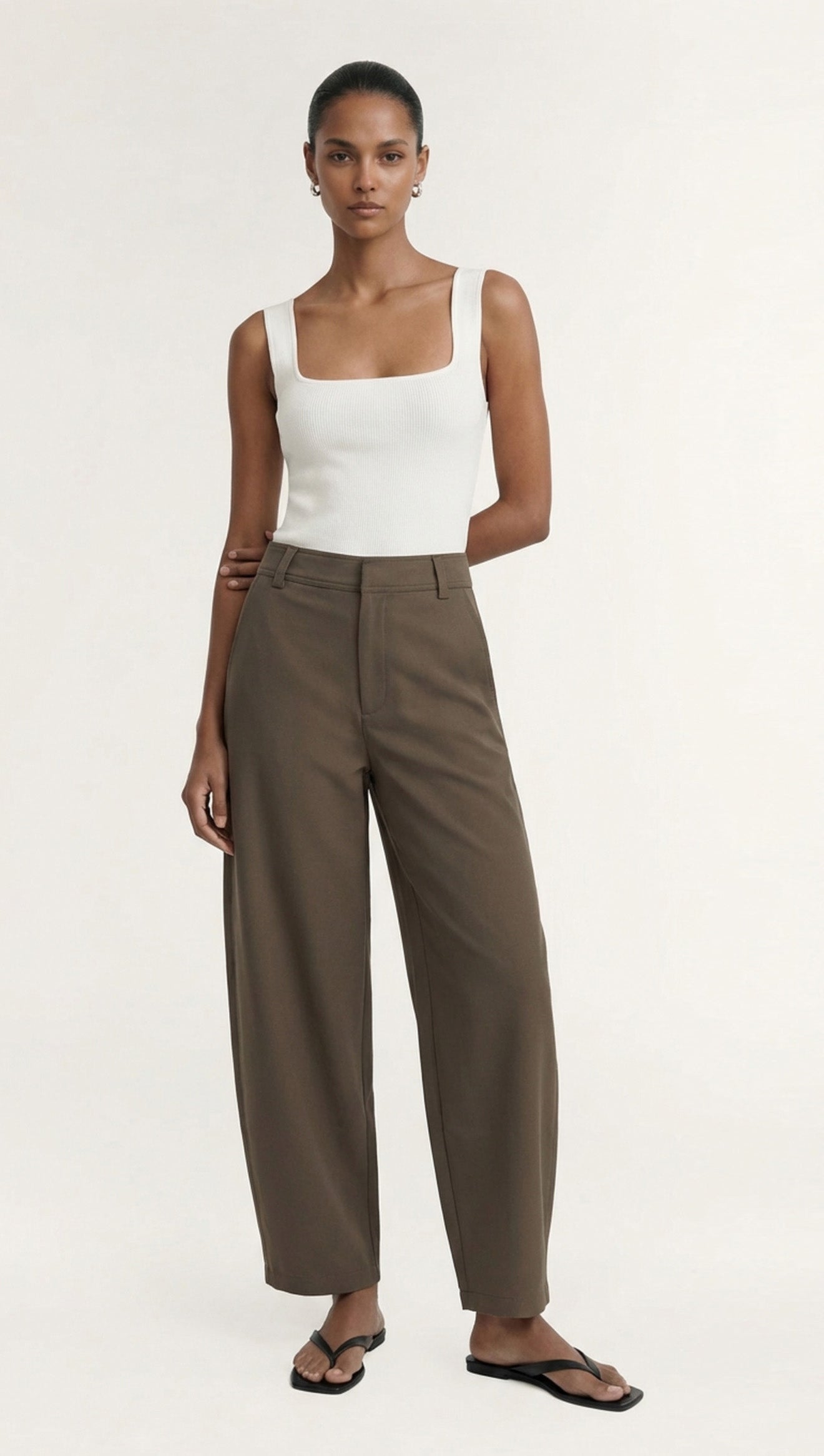 Khaki Structured Barrel Leg Pant - front view