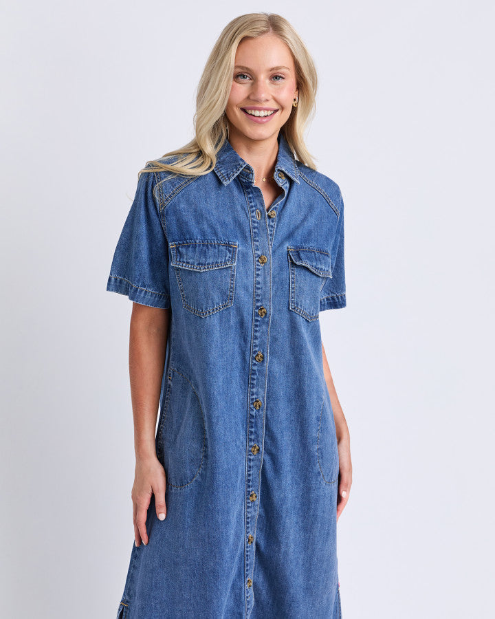 Ayla Denim Midi Dress - Mid Blue Wash