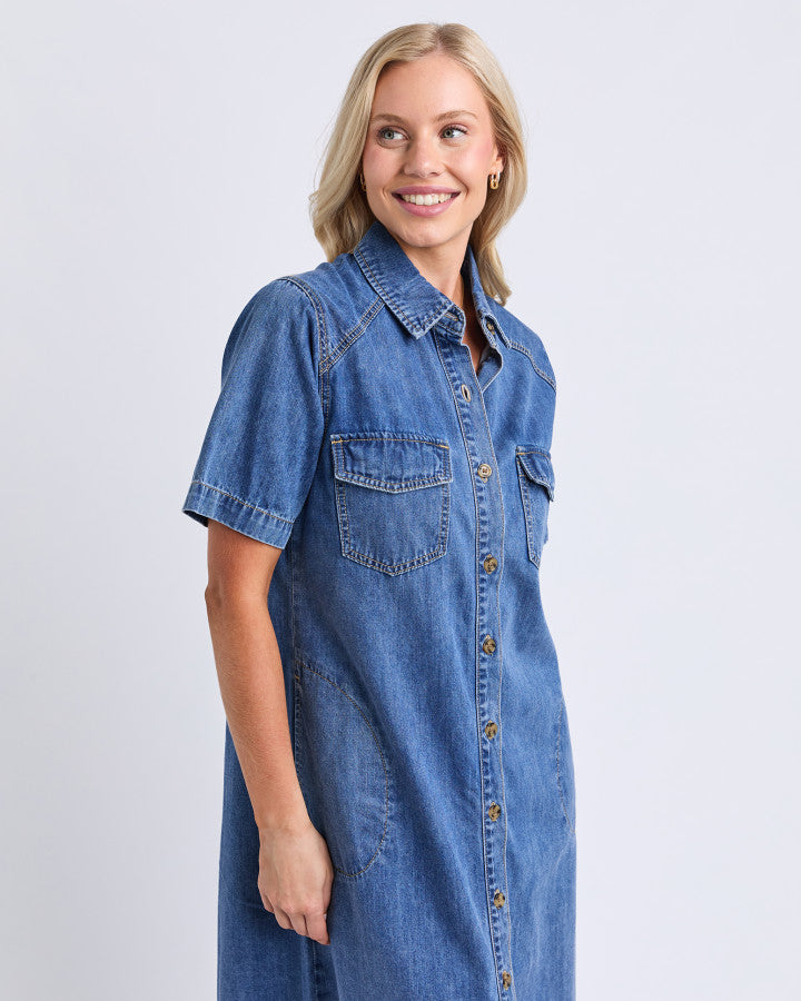 Ayla Denim Midi Dress - Mid Blue Wash