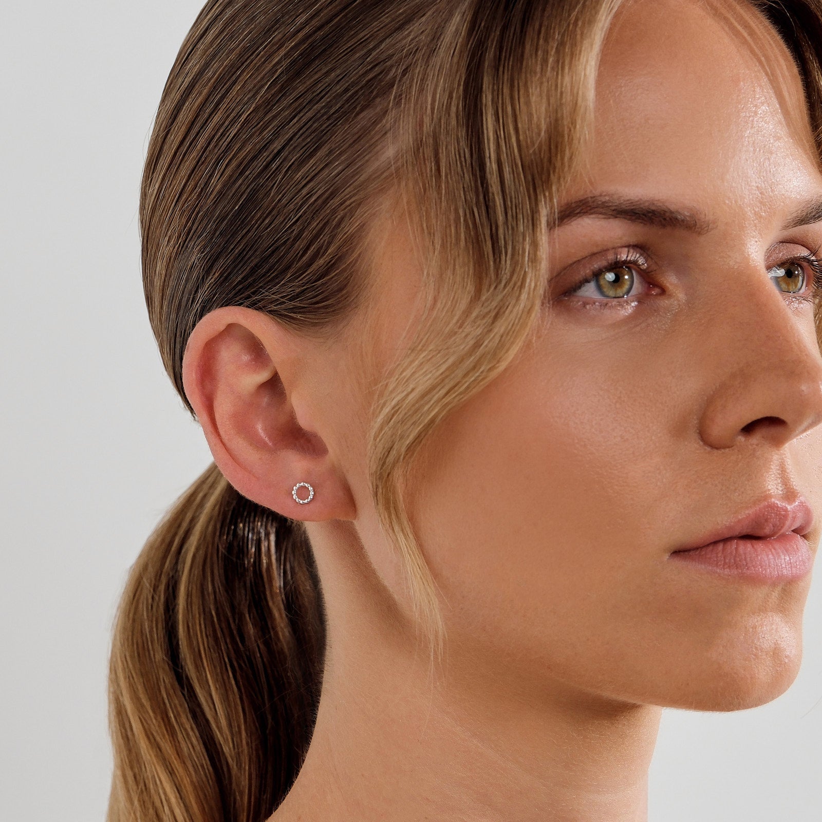 Beaded Circle Stud Earrings - Silver