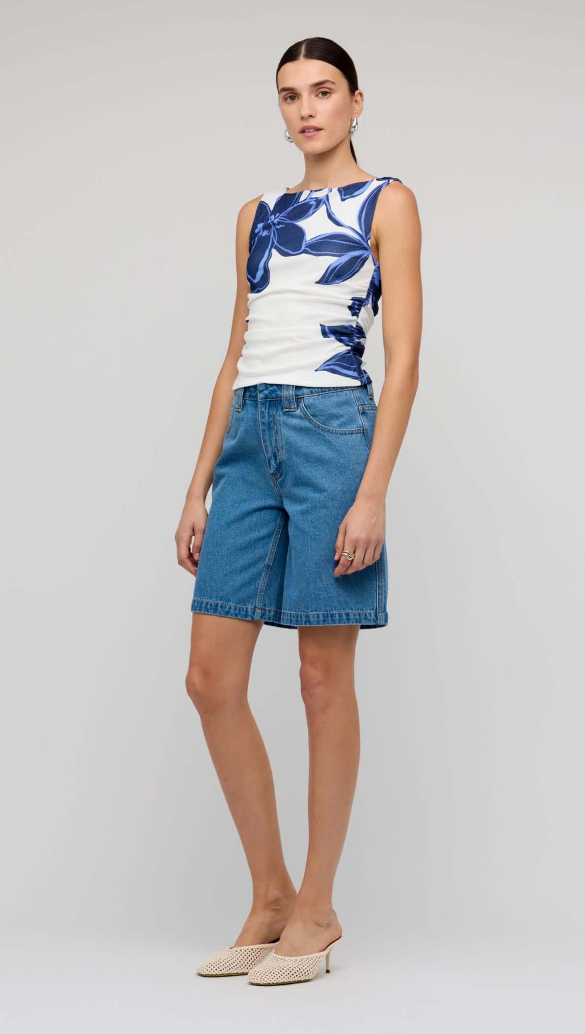 Ethos Mesh Top - Blue & White Floral