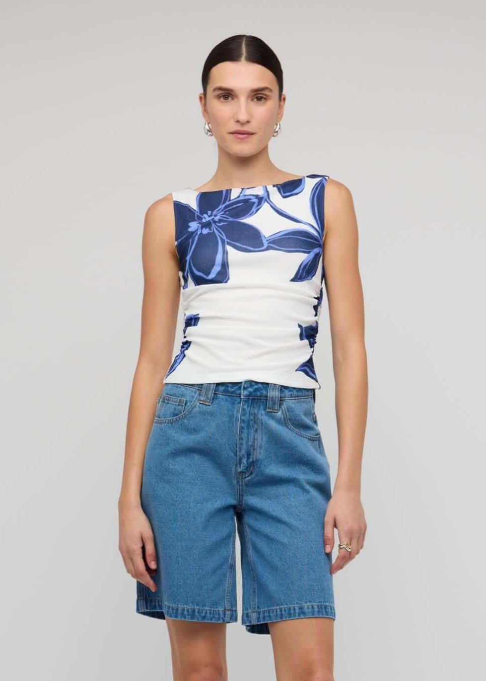 Ethos Mesh Top - Blue & White Floral