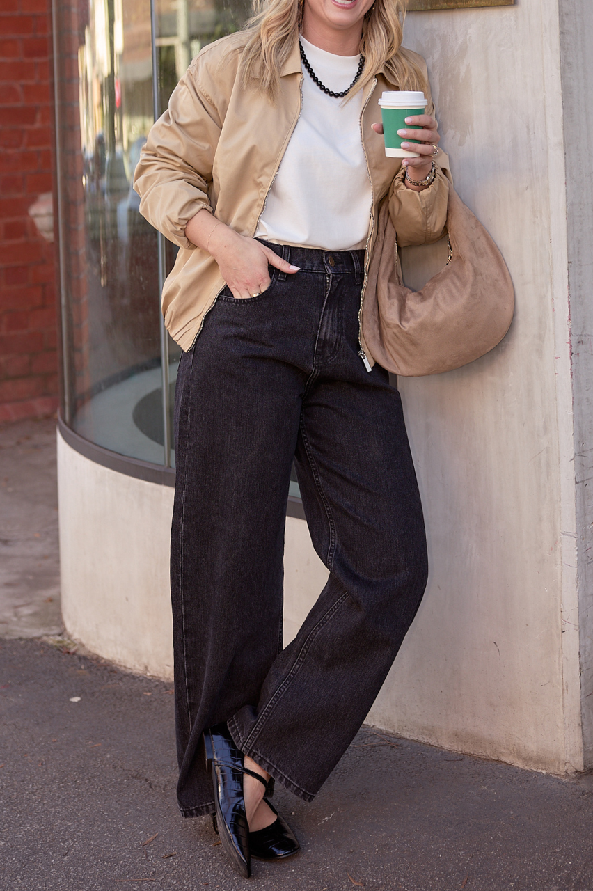 Feather & Noise Lola Barrel Jean in Washed Black, styled 2