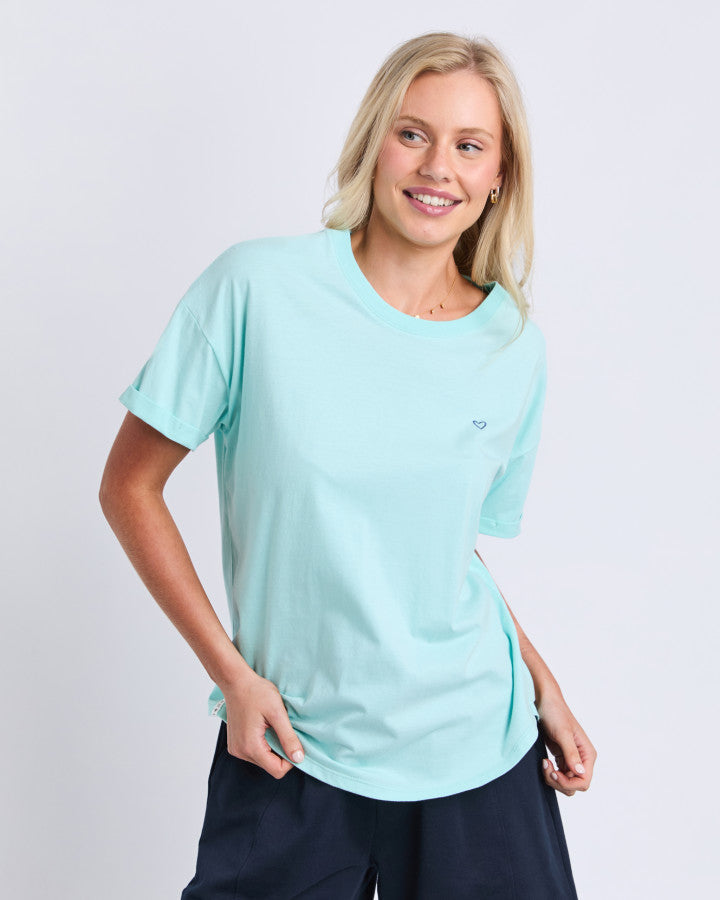Elm Halli Short Sleeve Tee in Tonic Blue, women's cotton jersey tee with heart embroidery