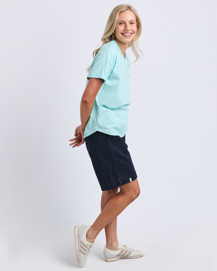 Elm Halli Short Sleeve Tee in Tonic Blue, detail of cotton jersey and cuffs