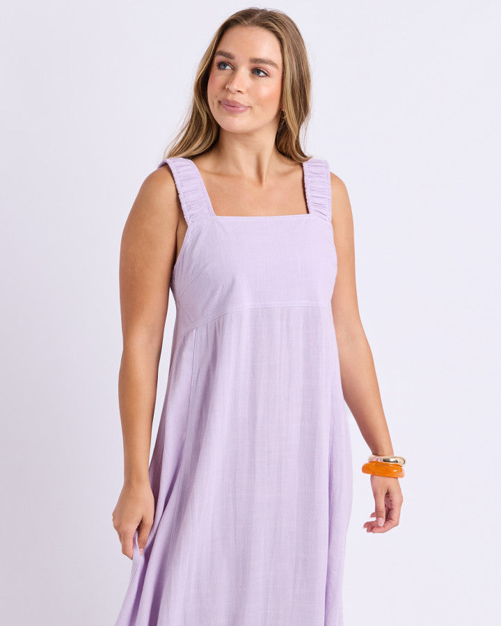 Foxwood Sage Dress in Pastel Lilac, lightweight linen-blend midi dress