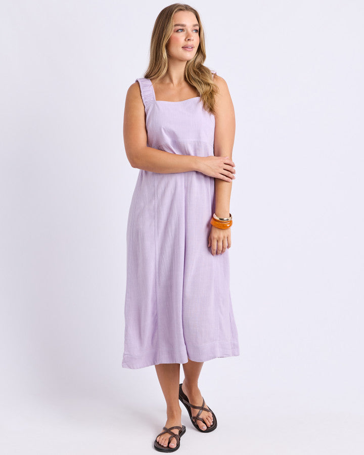 Foxwood Sage Midi Dress Pastel Lilac with wide elastic straps