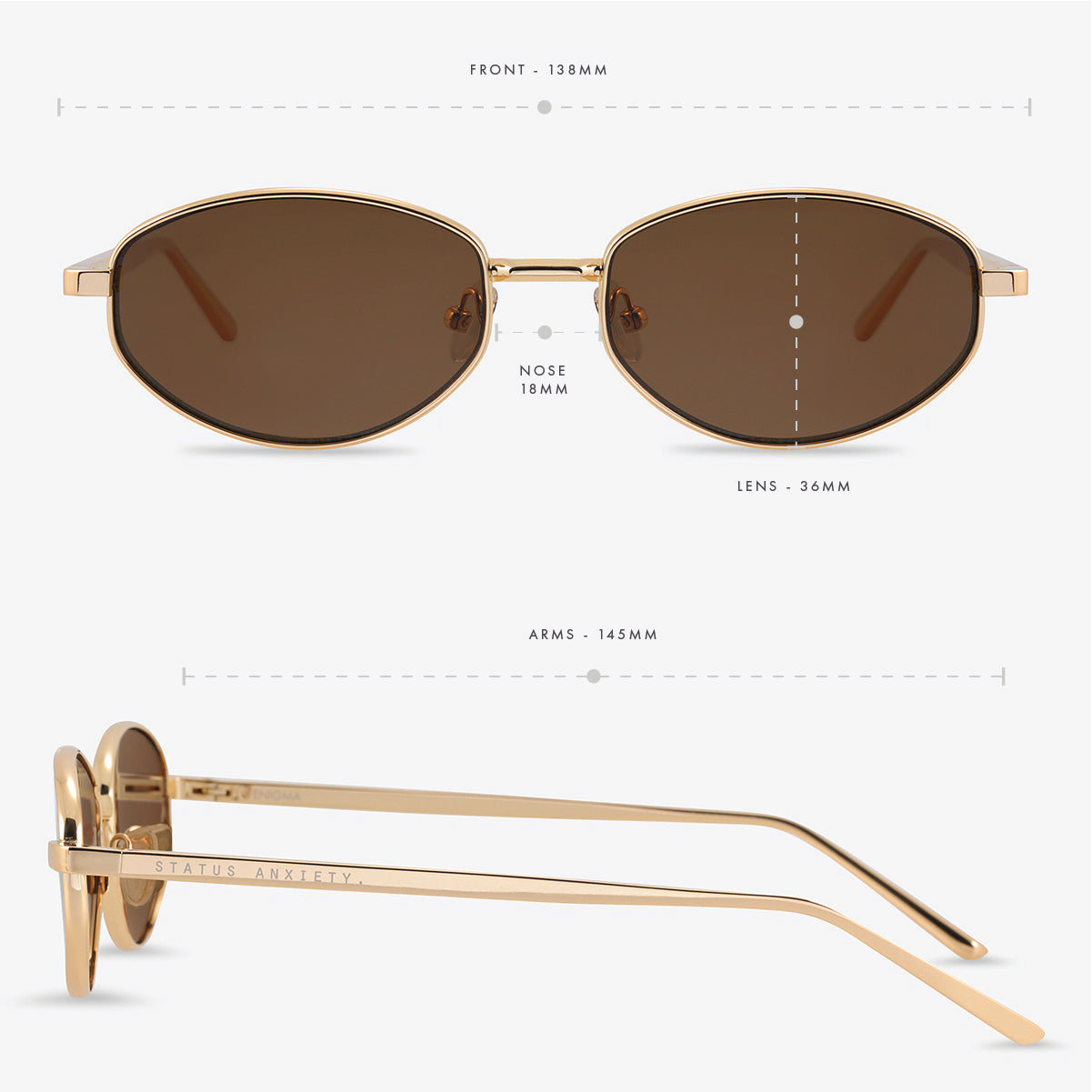 Status Anxiety Enigma Sunglasses in Gold, measurements