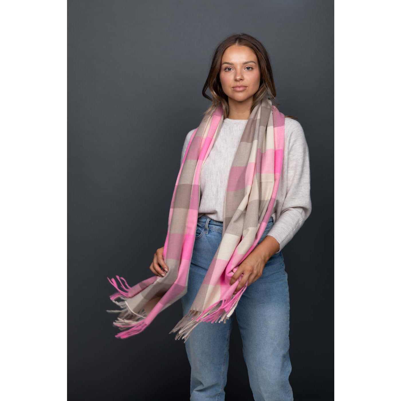 St Belair Check Scarf - Pink & Taupe