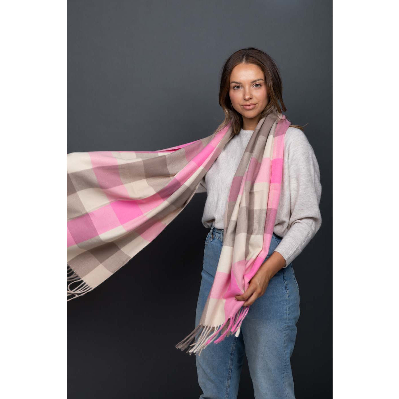 St Belair Check Scarf - Pink & Taupe