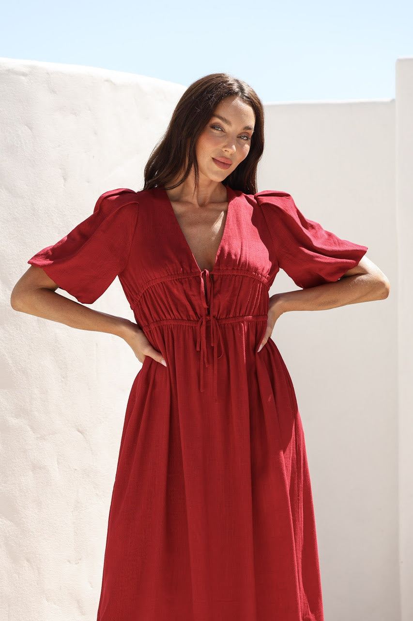 Billie Tie Midi Dress - Cherry Red