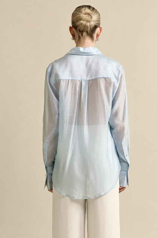 MVN Sheer Pocket Shirt in blue with curved hem, longer at the back
