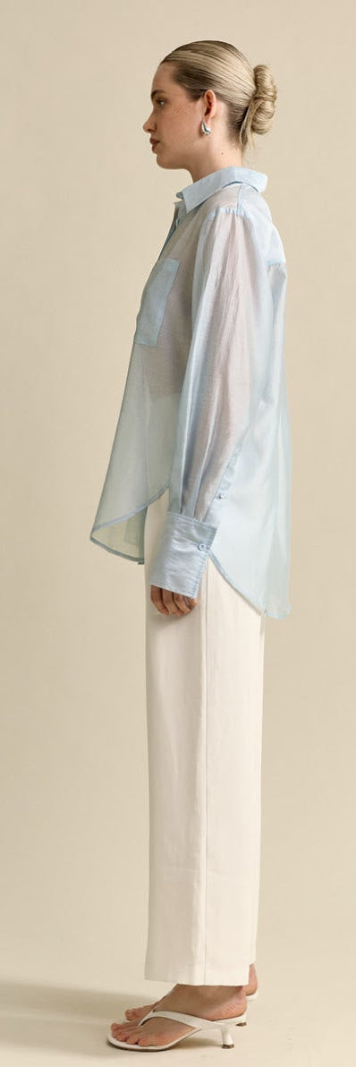 MVN Sheer Pocket Shirt in blue, relaxed fit with deep buttoned cuffs