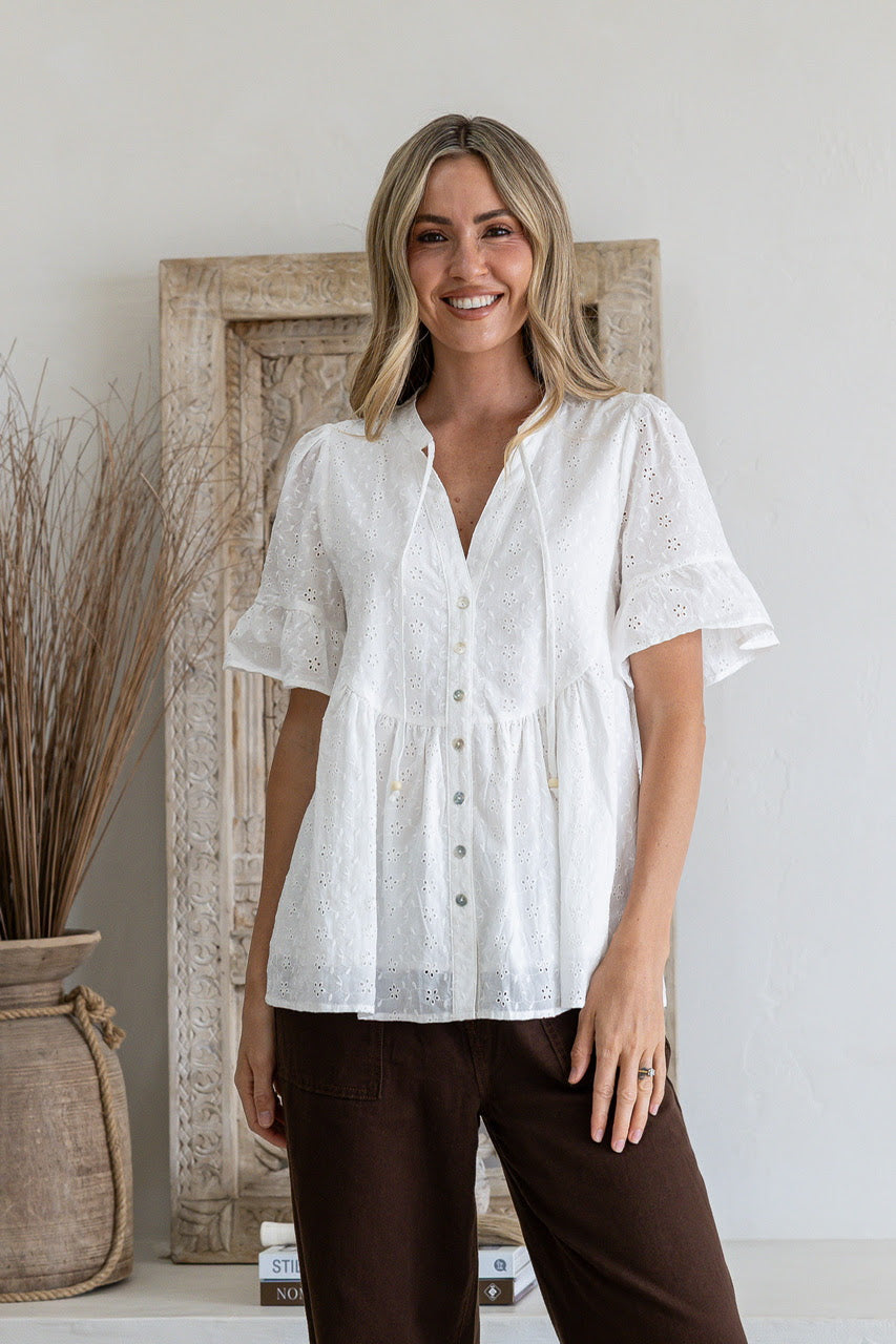 Tess Button Front broderie Ruffle Top - White