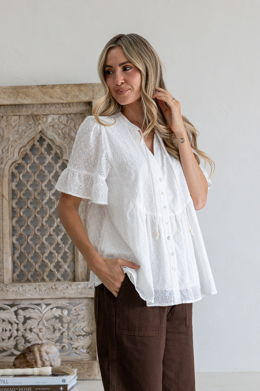 Tess Button Front broderie Ruffle Top - White